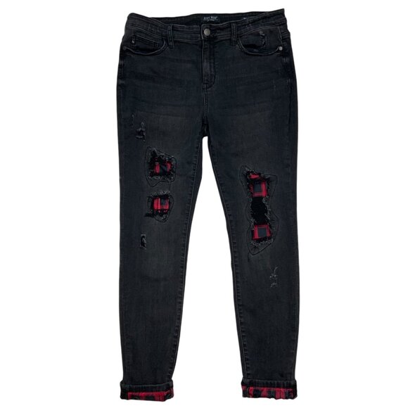 Judy Blue Skinny Leg Jean 13/31 Black Buffalo Plaid Patch Distressed Mid Rise - Picture 1 of 12